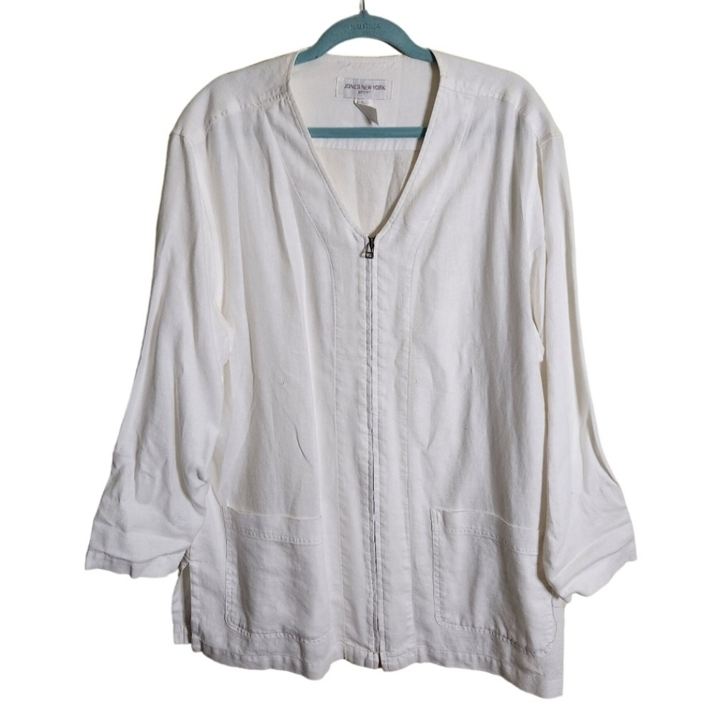 Jones New York Vintage 90s White Full Zip Linen Tunic Jacket Size L